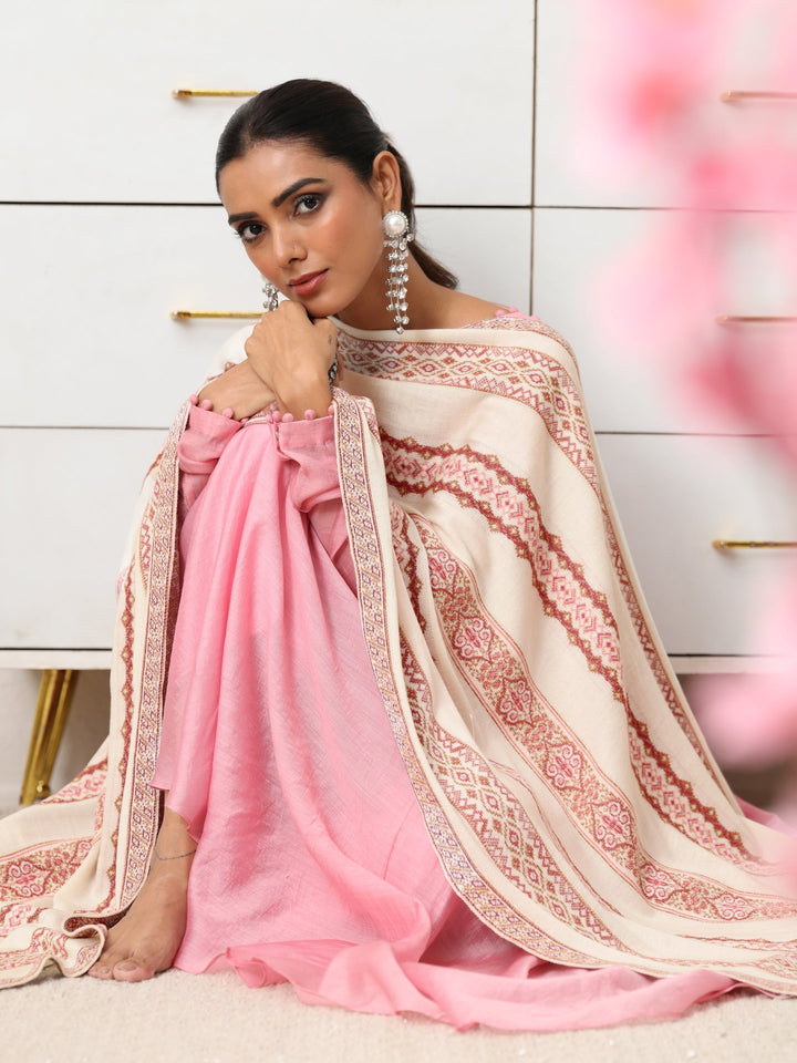 Libas White Ethnic Knitted Acrylic Wrap Shawl