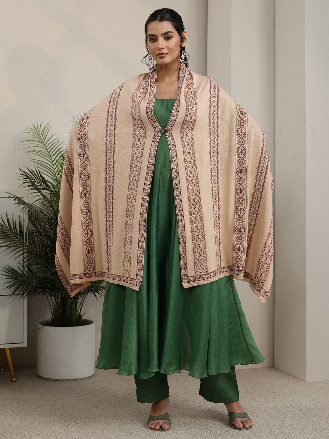 Libas Beige Ethnic Knitted Acrylic Wrap Shawl