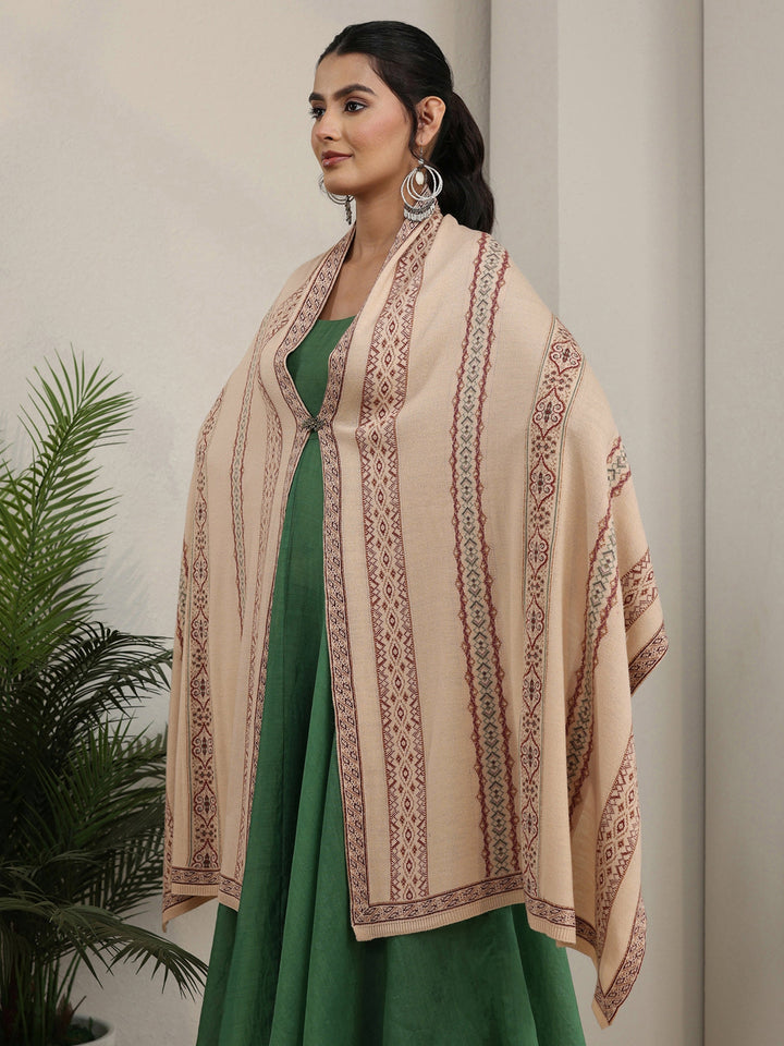 Libas Beige Ethnic Knitted Acrylic Wrap Shawl