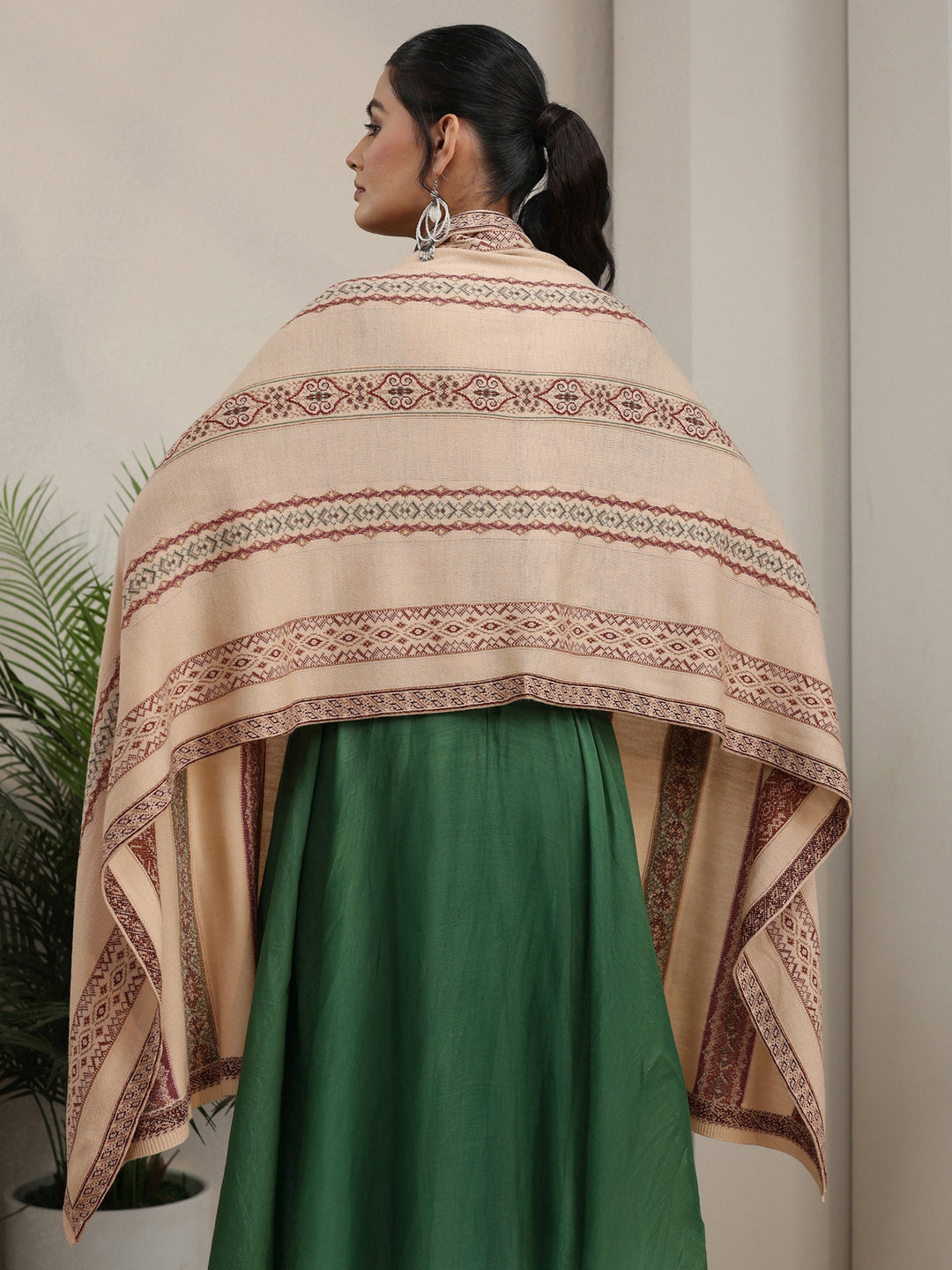 Libas Beige Ethnic Knitted Acrylic Wrap Shawl