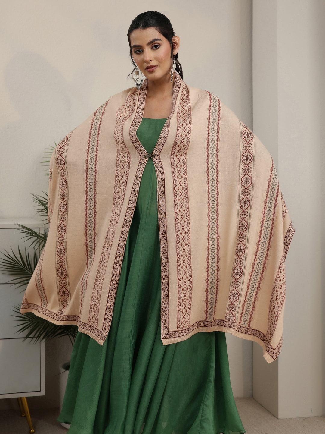 Libas Beige Ethnic Knitted Acrylic Wrap Shawl