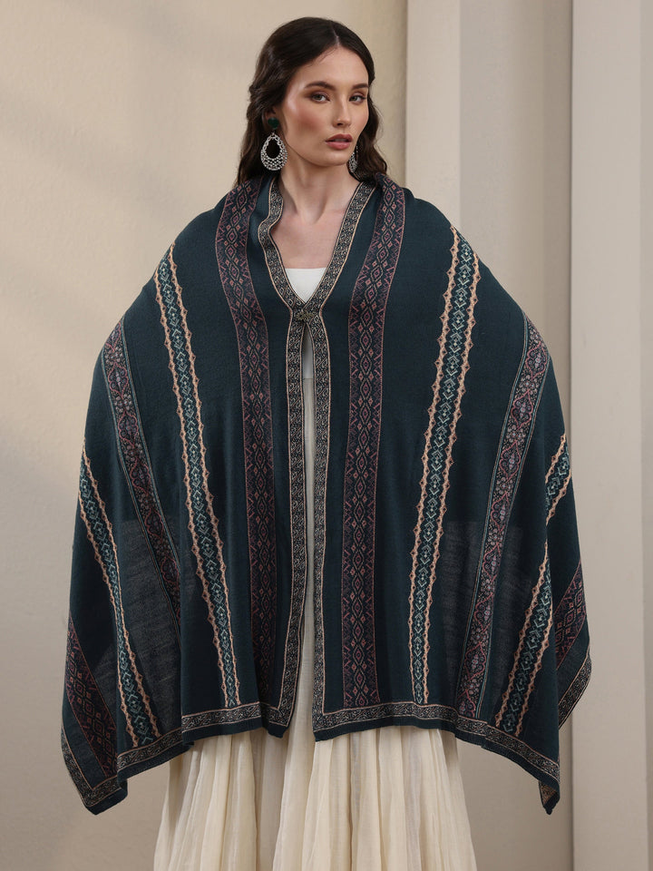Libas Teal Blue Ethnic Striped Knitted Acrylic Wrap Shawl