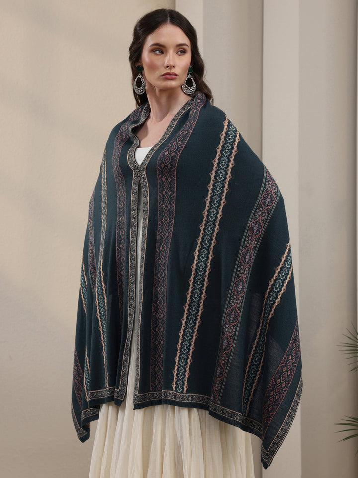 Libas Teal Blue Ethnic Striped Knitted Acrylic Wrap Shawl