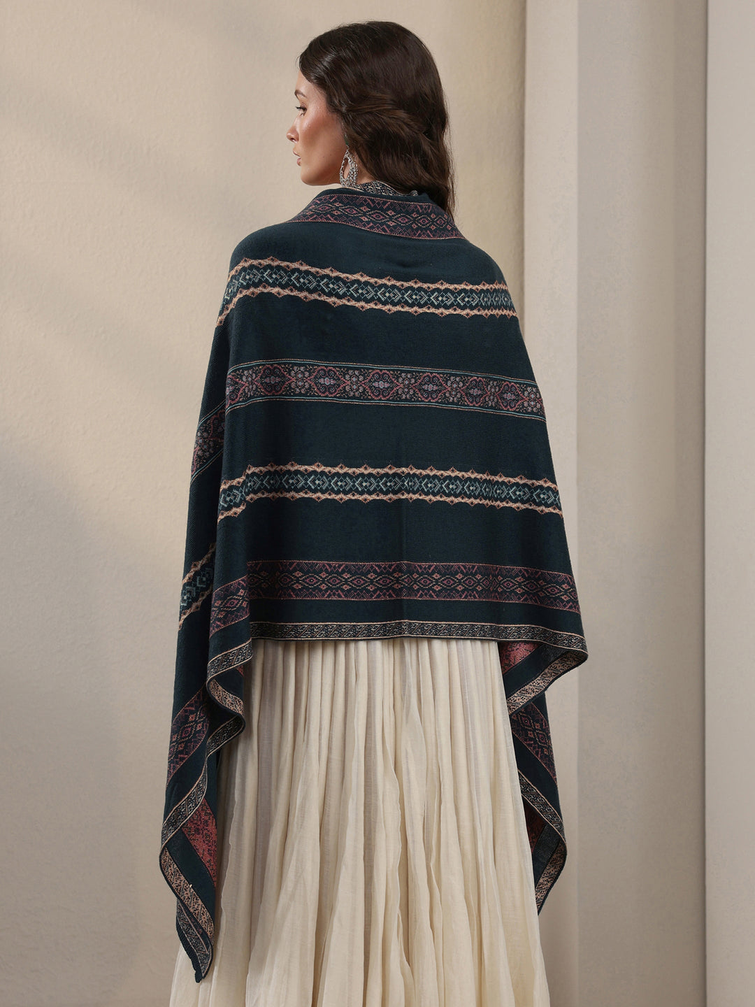 Libas Teal Blue Ethnic Striped Knitted Acrylic Wrap Shawl