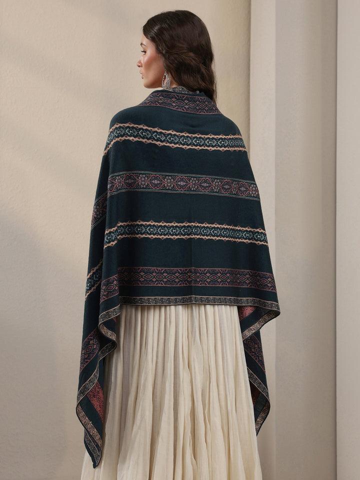 Libas Teal Blue Ethnic Striped Knitted Acrylic Wrap Shawl