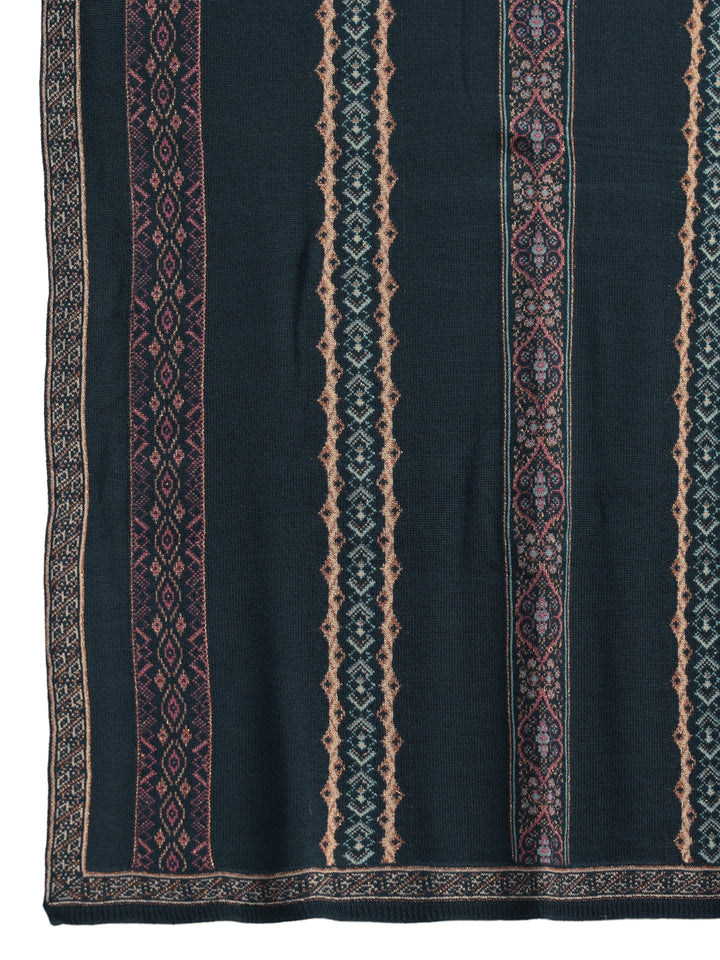 Libas Teal Blue Ethnic Striped Knitted Acrylic Wrap Shawl