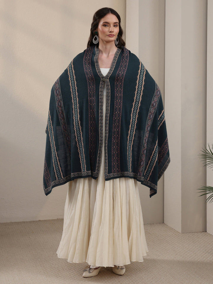 Libas Teal Blue Ethnic Striped Knitted Acrylic Wrap Shawl