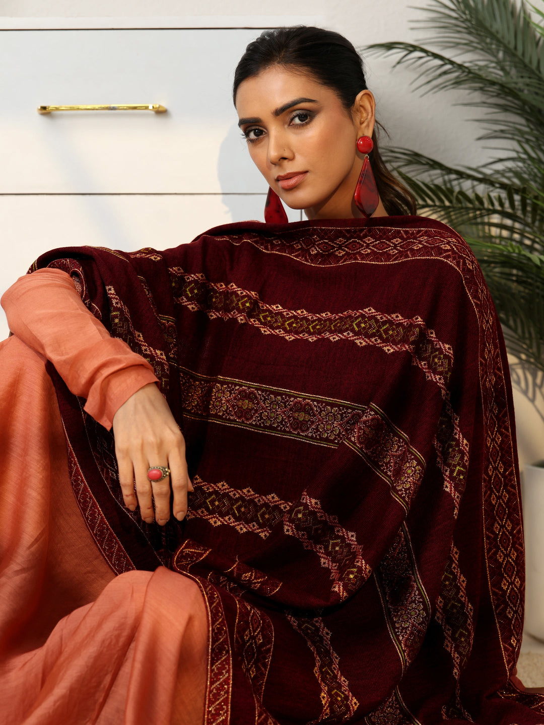 Libas Maroon Ethnic Knitted Acrylic Wrap Shawl
