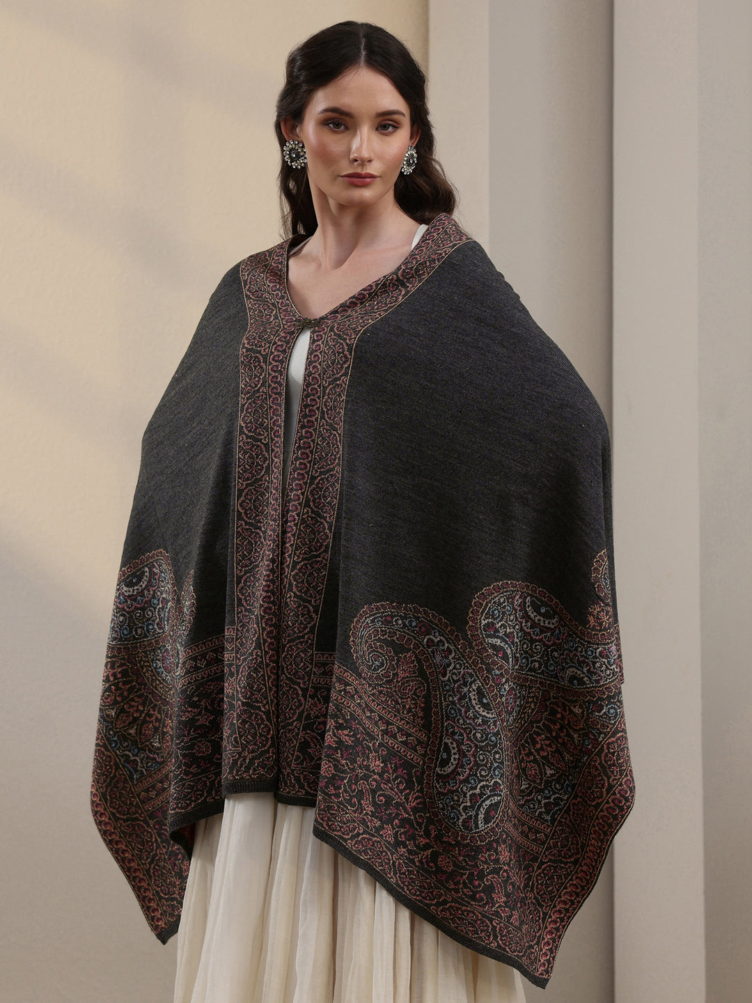 Libas Dark Grey Paisley Knitted Acrylic Wrap Shawl