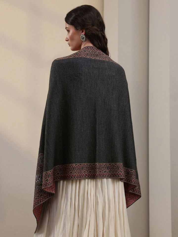 Libas Dark Grey Paisley Knitted Acrylic Wrap Shawl