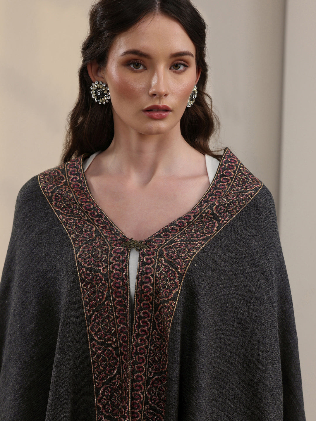 Libas Dark Grey Paisley Knitted Acrylic Wrap Shawl