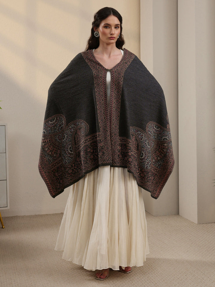 Libas Dark Grey Paisley Knitted Acrylic Wrap Shawl