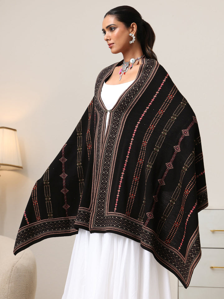 Libas Black Floral Knitted Acrylic Wrap Shawl