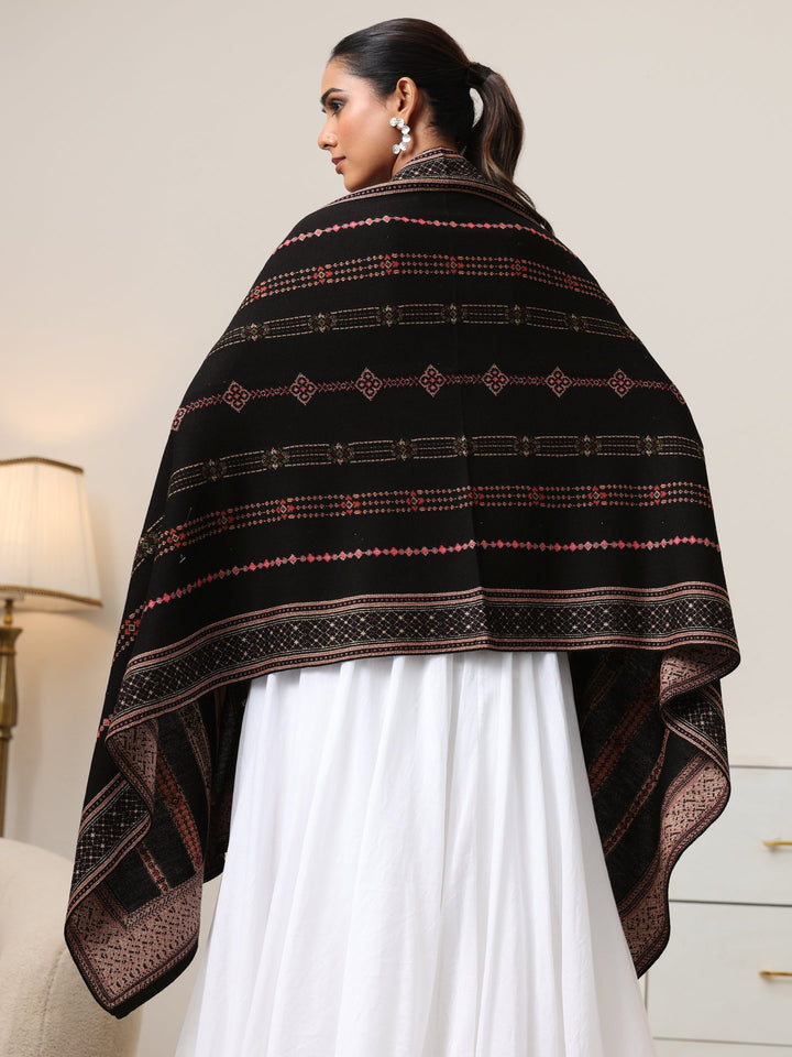 Libas Black Floral Knitted Acrylic Wrap Shawl