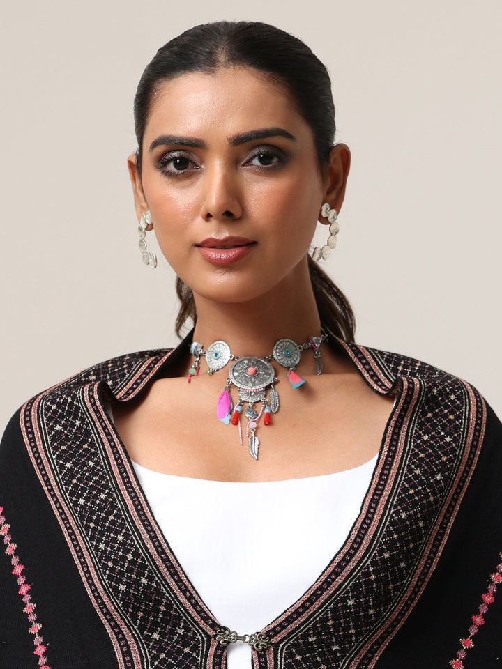 Libas Black Floral Knitted Acrylic Wrap Shawl