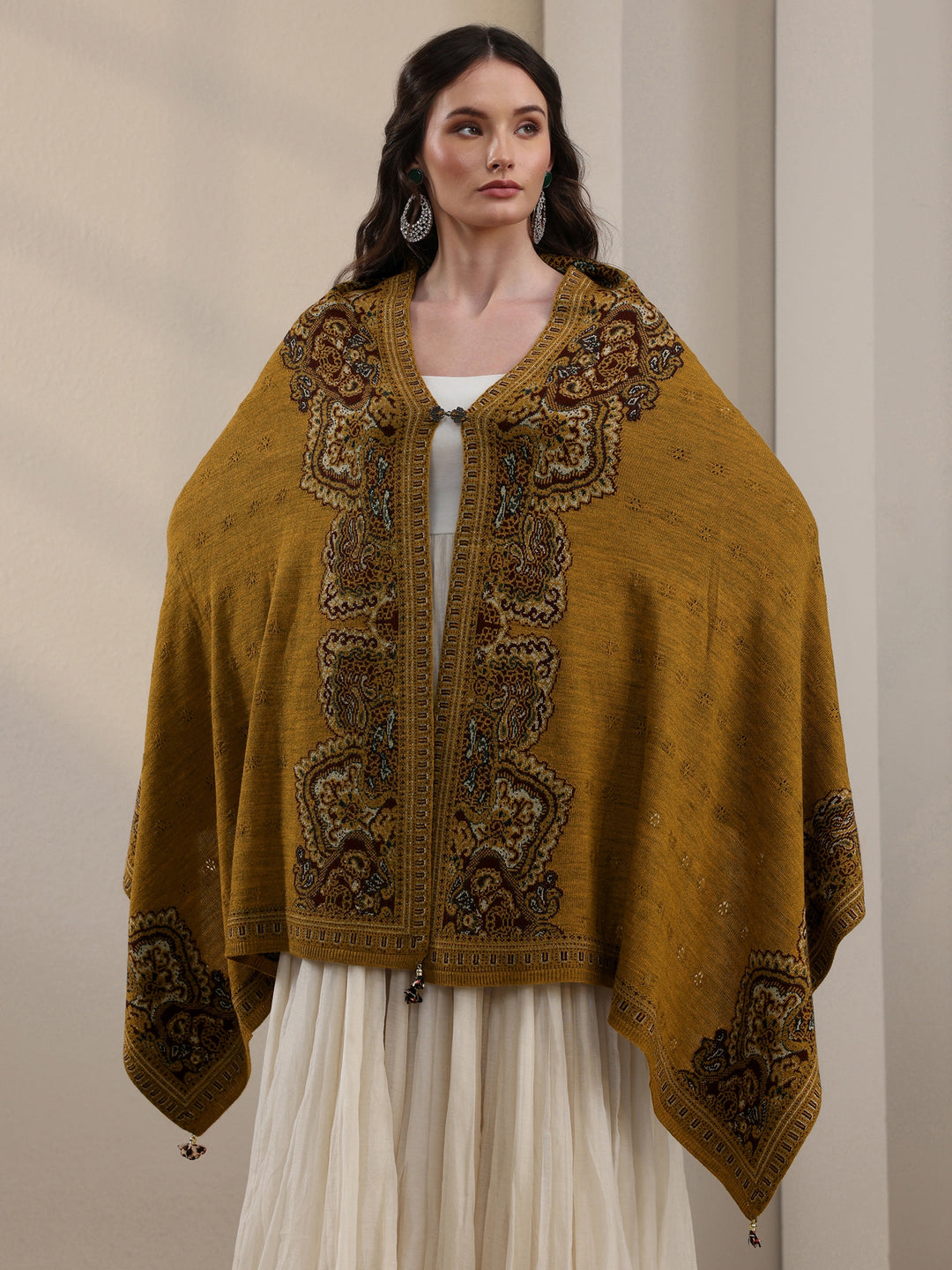 Libas Mustard Ethnic Mesh Knitted Acrylic Wrap Shawl