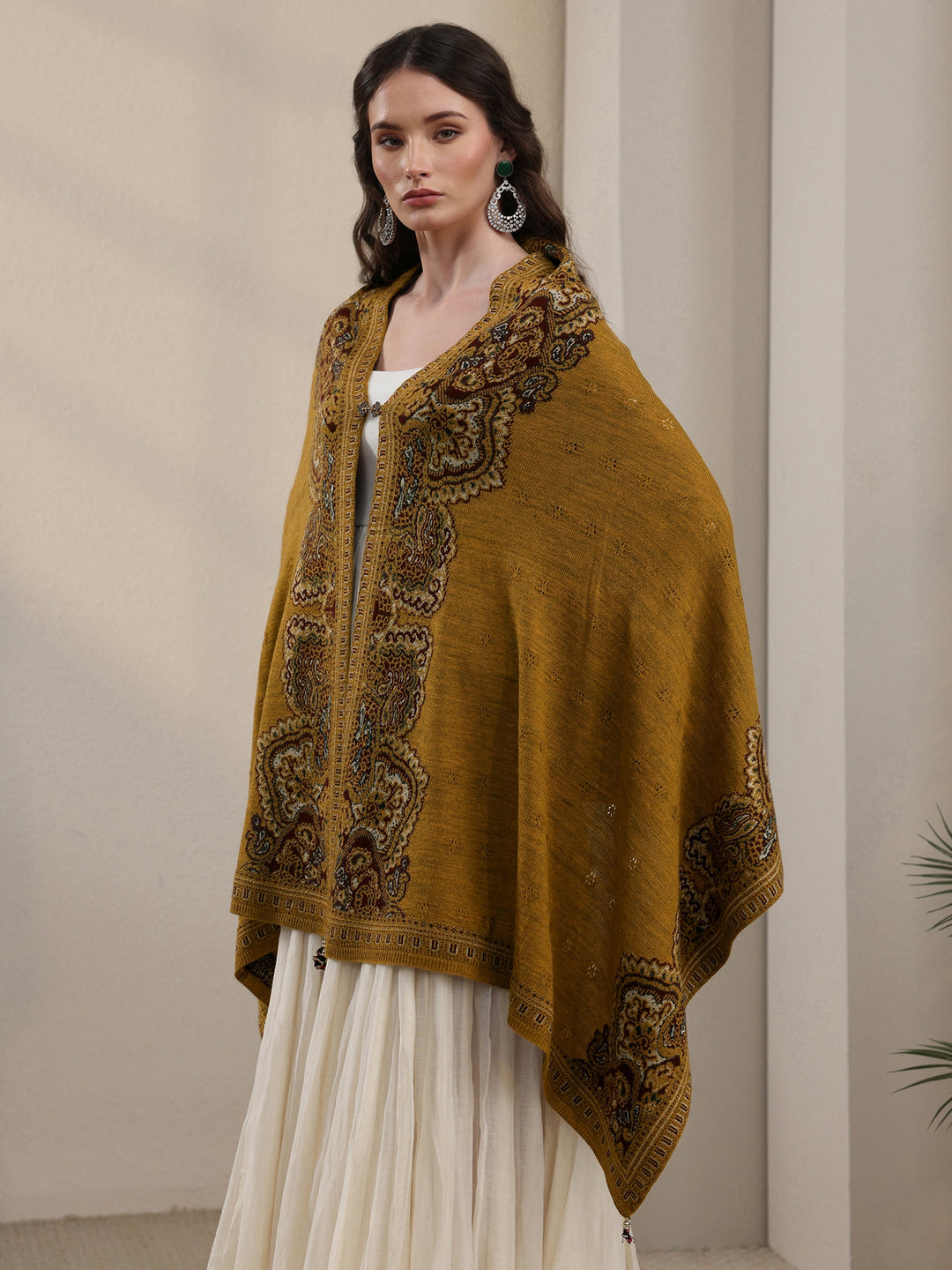 Libas Mustard Ethnic Mesh Knitted Acrylic Wrap Shawl