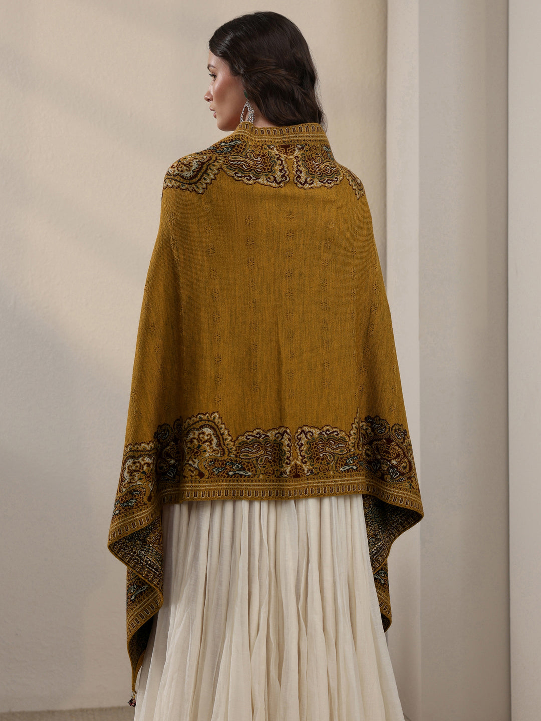 Libas Mustard Ethnic Mesh Knitted Acrylic Wrap Shawl