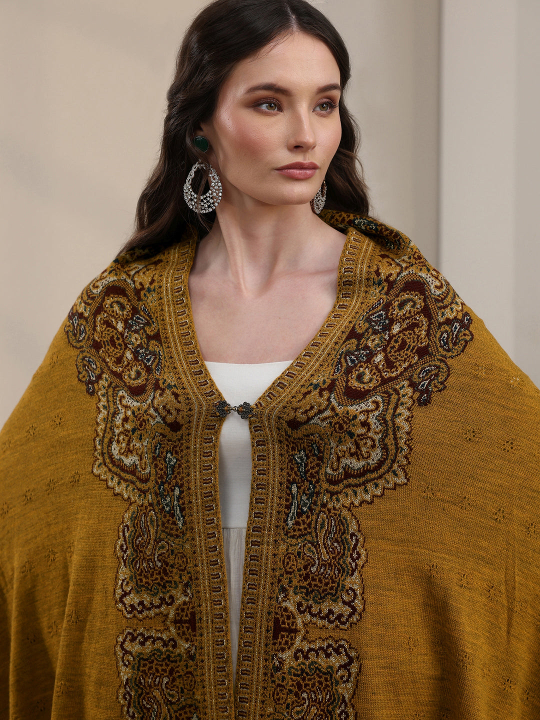 Libas Mustard Ethnic Mesh Knitted Acrylic Wrap Shawl