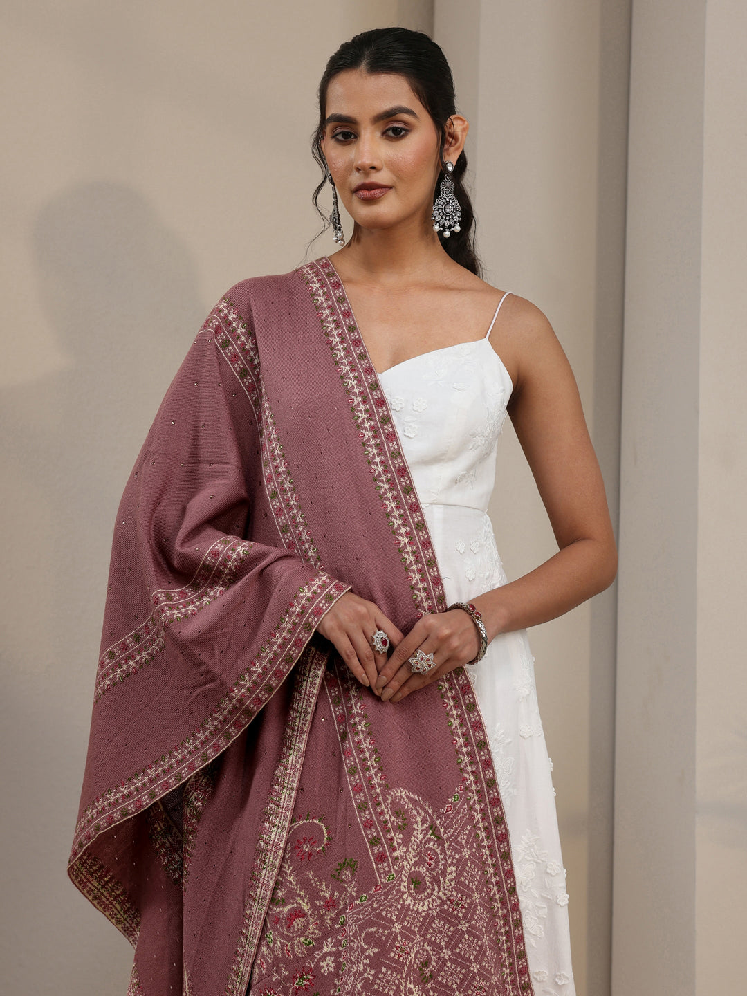 Libas Mauve Paisley Knitted Acrylic Shawl