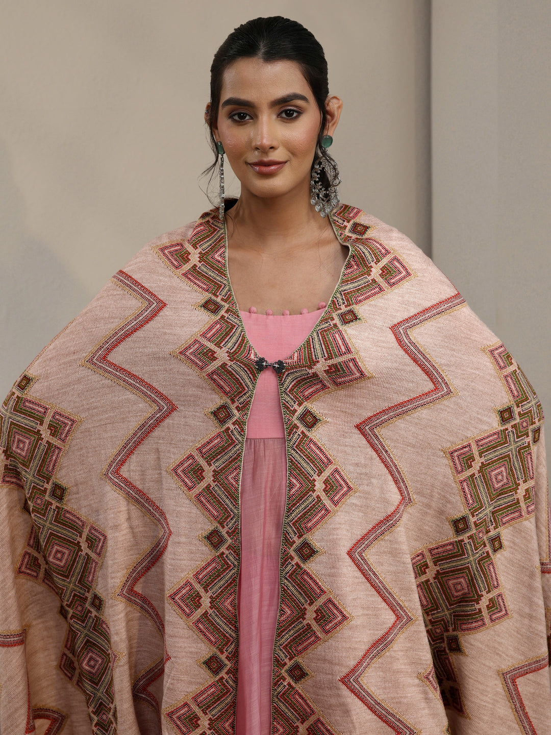 Libas Beige Geometric Knitted Acrylic Wrap Shawl