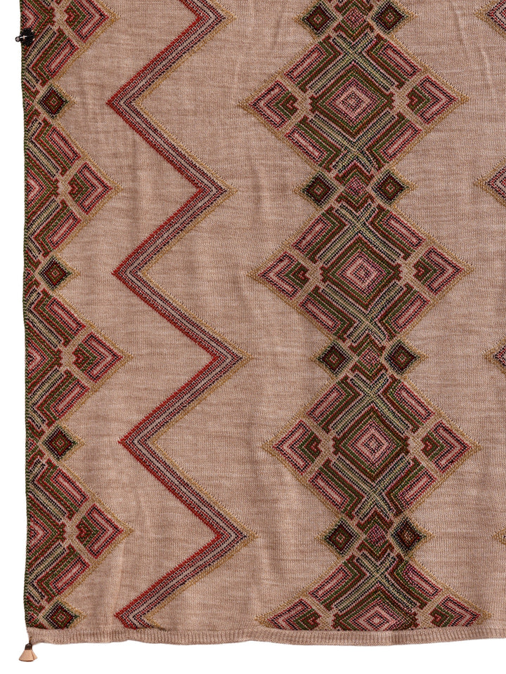 Libas Beige Geometric Knitted Acrylic Wrap Shawl