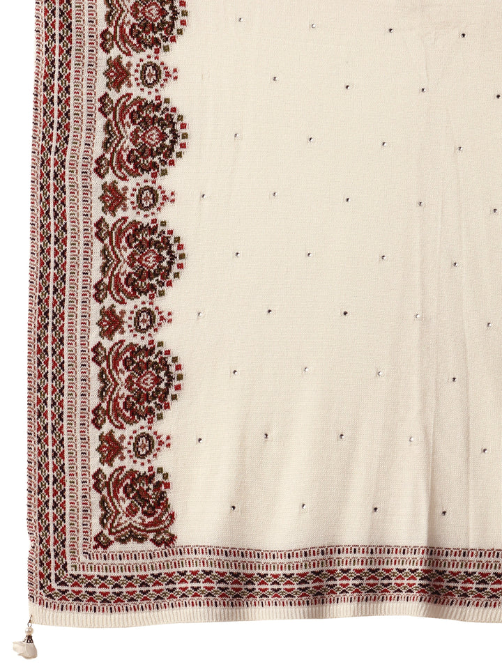 Libas White Ethnic Knitted Acrylic Wrap Shawl