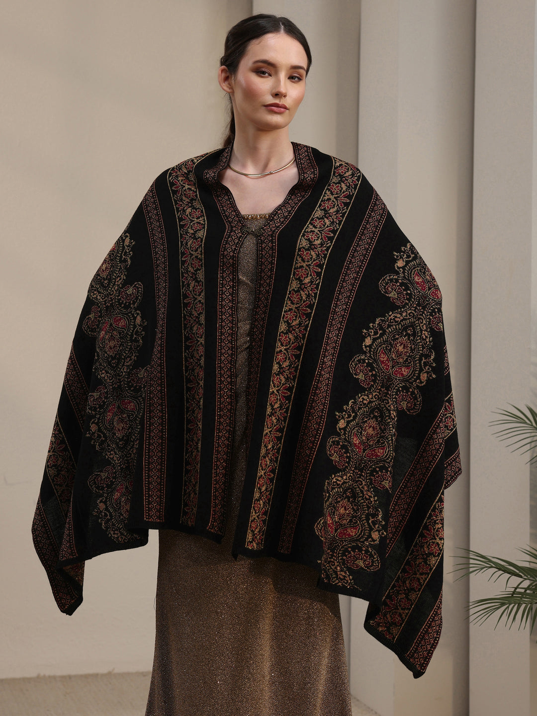Libas Black Ethnic Knitted Acrylic Wrap Shawl
