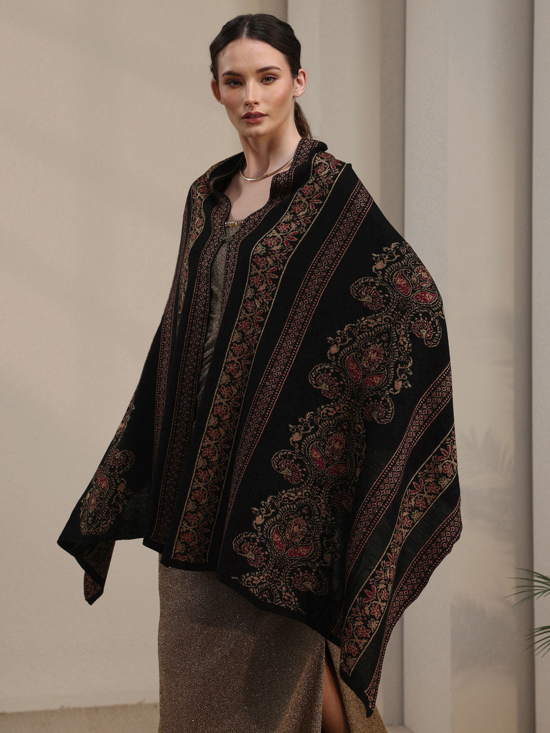 Libas Black Ethnic Knitted Acrylic Wrap Shawl
