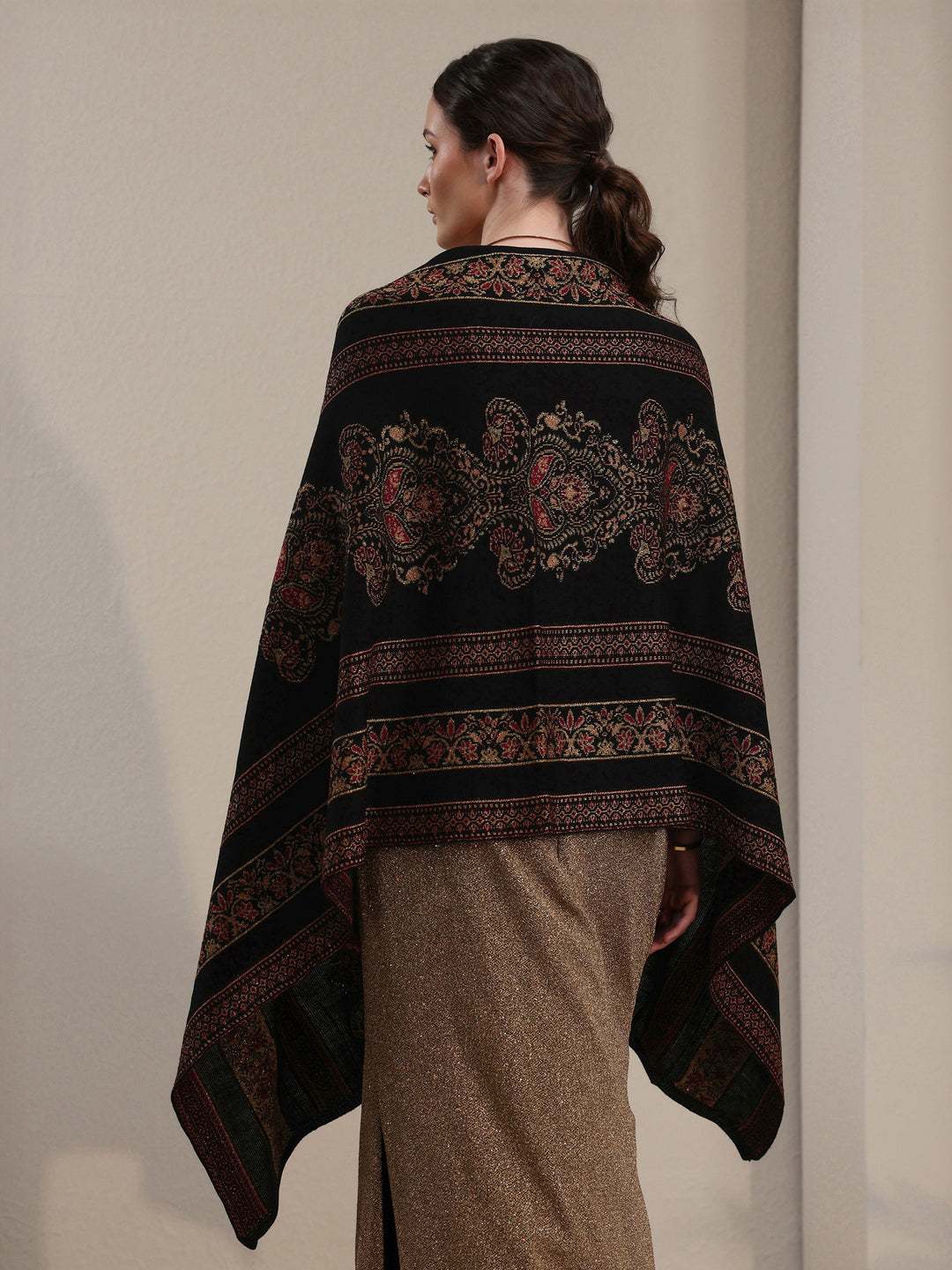 Libas Black Ethnic Knitted Acrylic Wrap Shawl