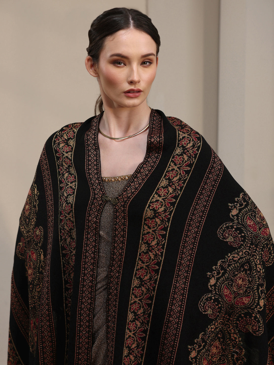 Libas Black Ethnic Knitted Acrylic Wrap Shawl