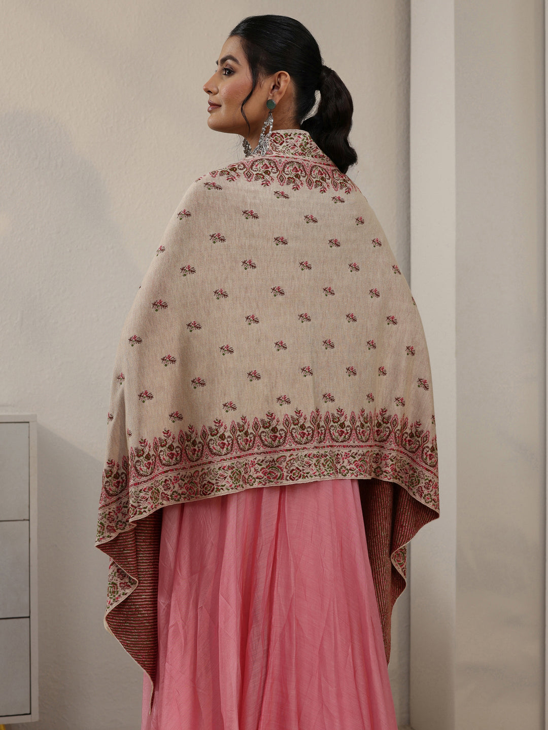 Libas Off White Floral Knitted Acrylic Wrap Shawl
