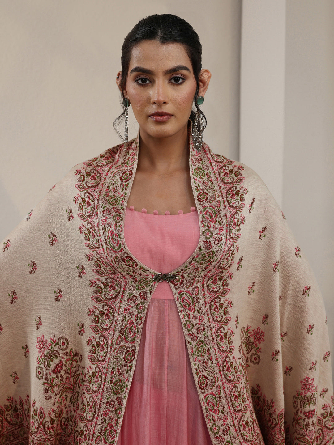 Libas Off White Floral Knitted Acrylic Wrap Shawl