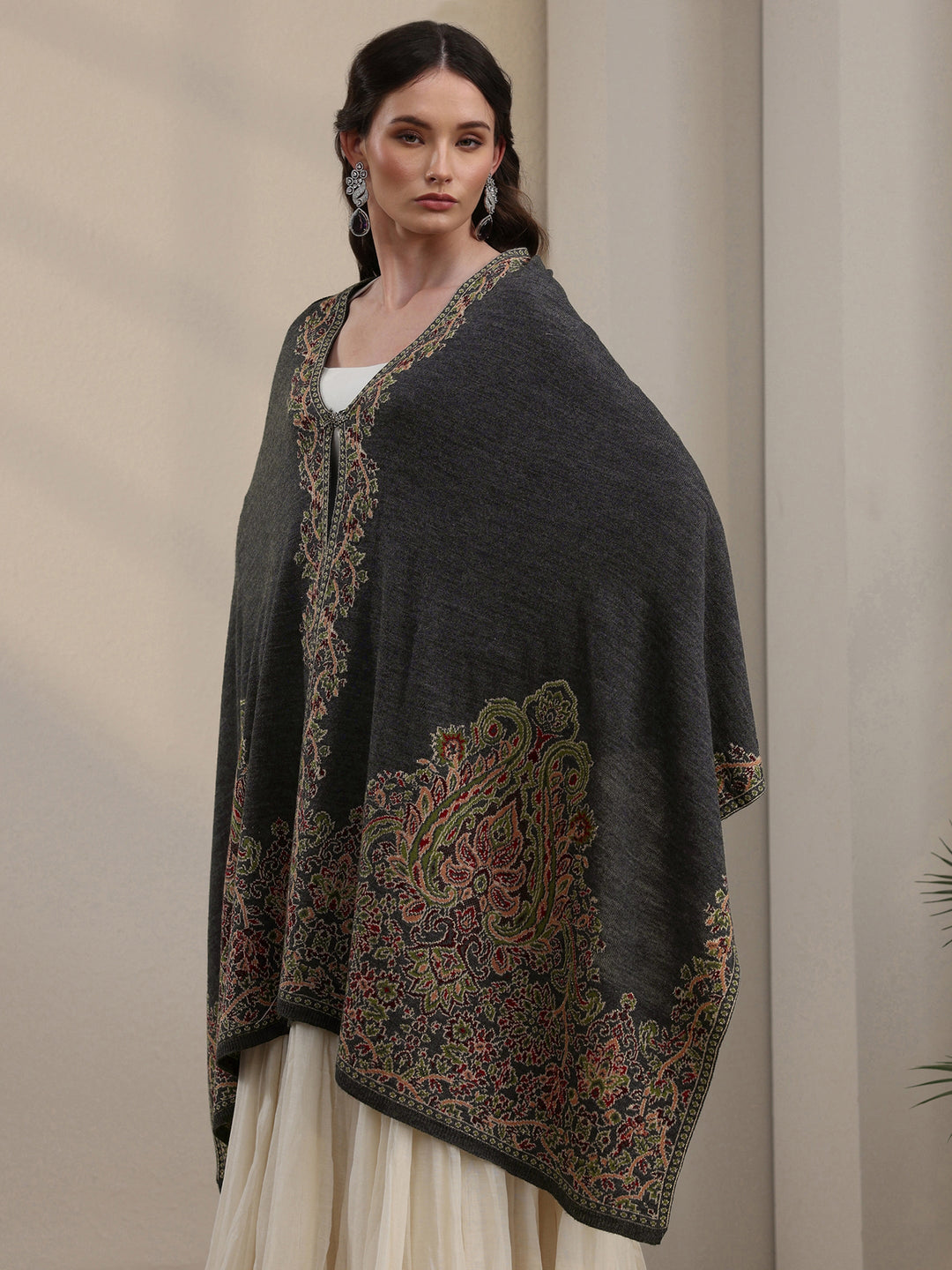 Libas Dark Grey Ethnic Knitted Acrylic Wrap Shawl
