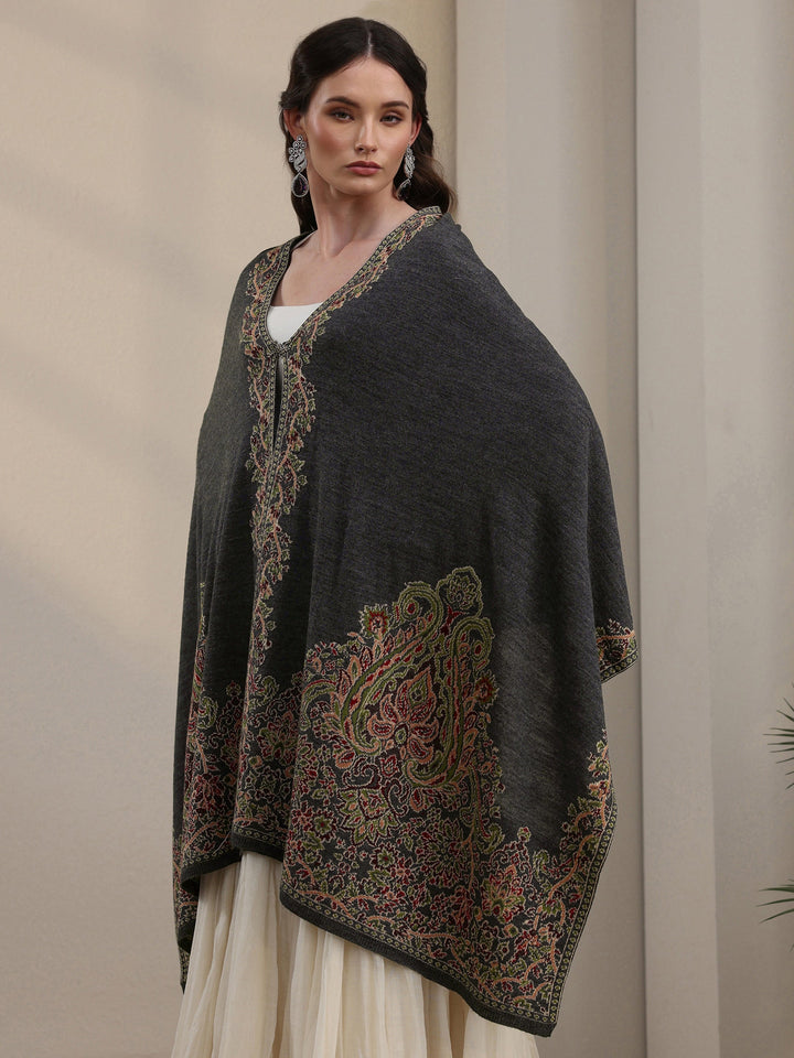 Libas Dark Grey Ethnic Knitted Acrylic Wrap Shawl
