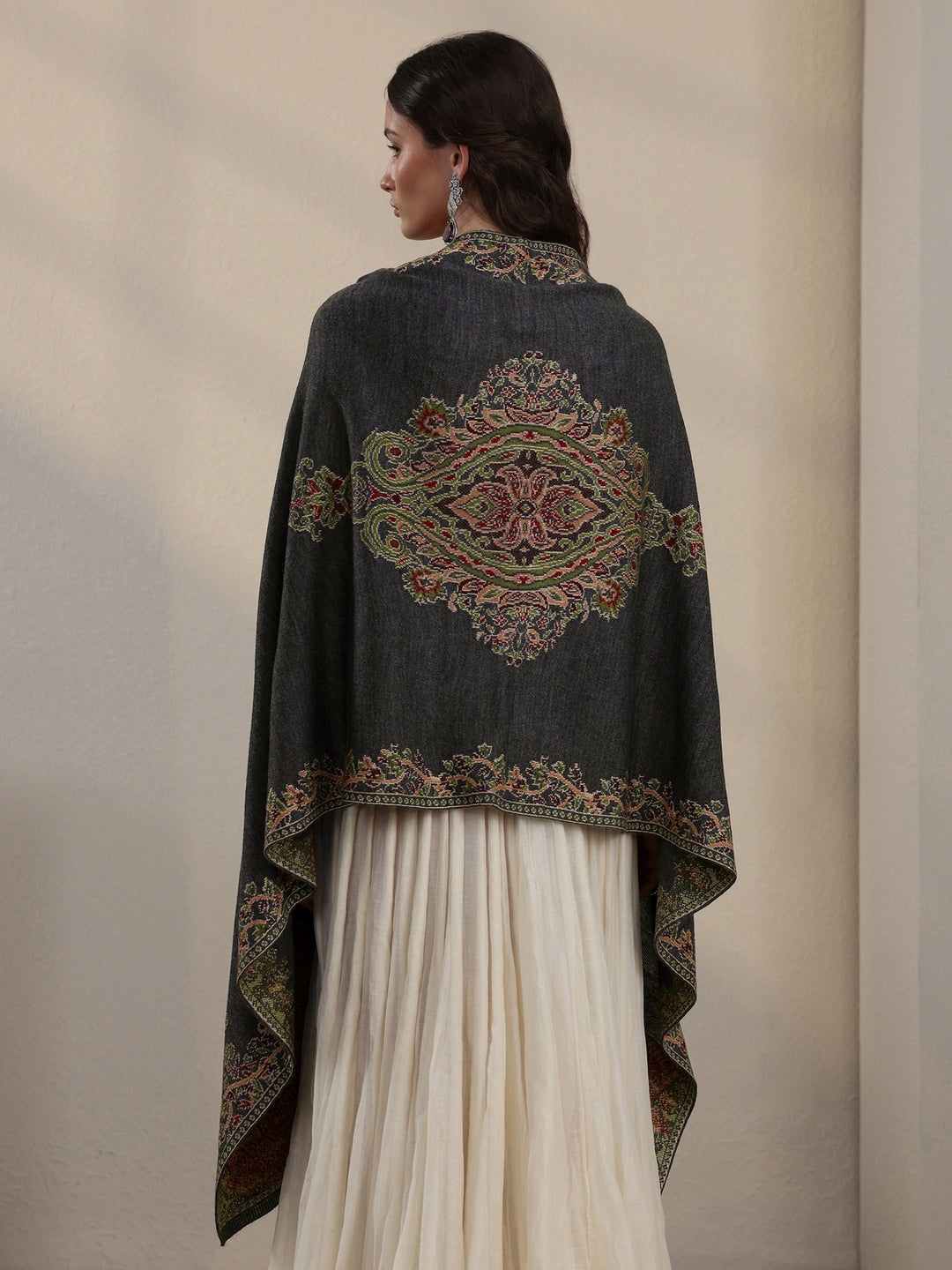 Libas Dark Grey Ethnic Knitted Acrylic Wrap Shawl