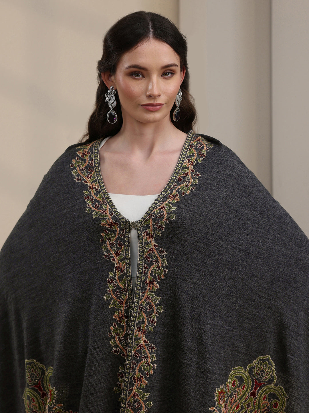 Libas Dark Grey Ethnic Knitted Acrylic Wrap Shawl