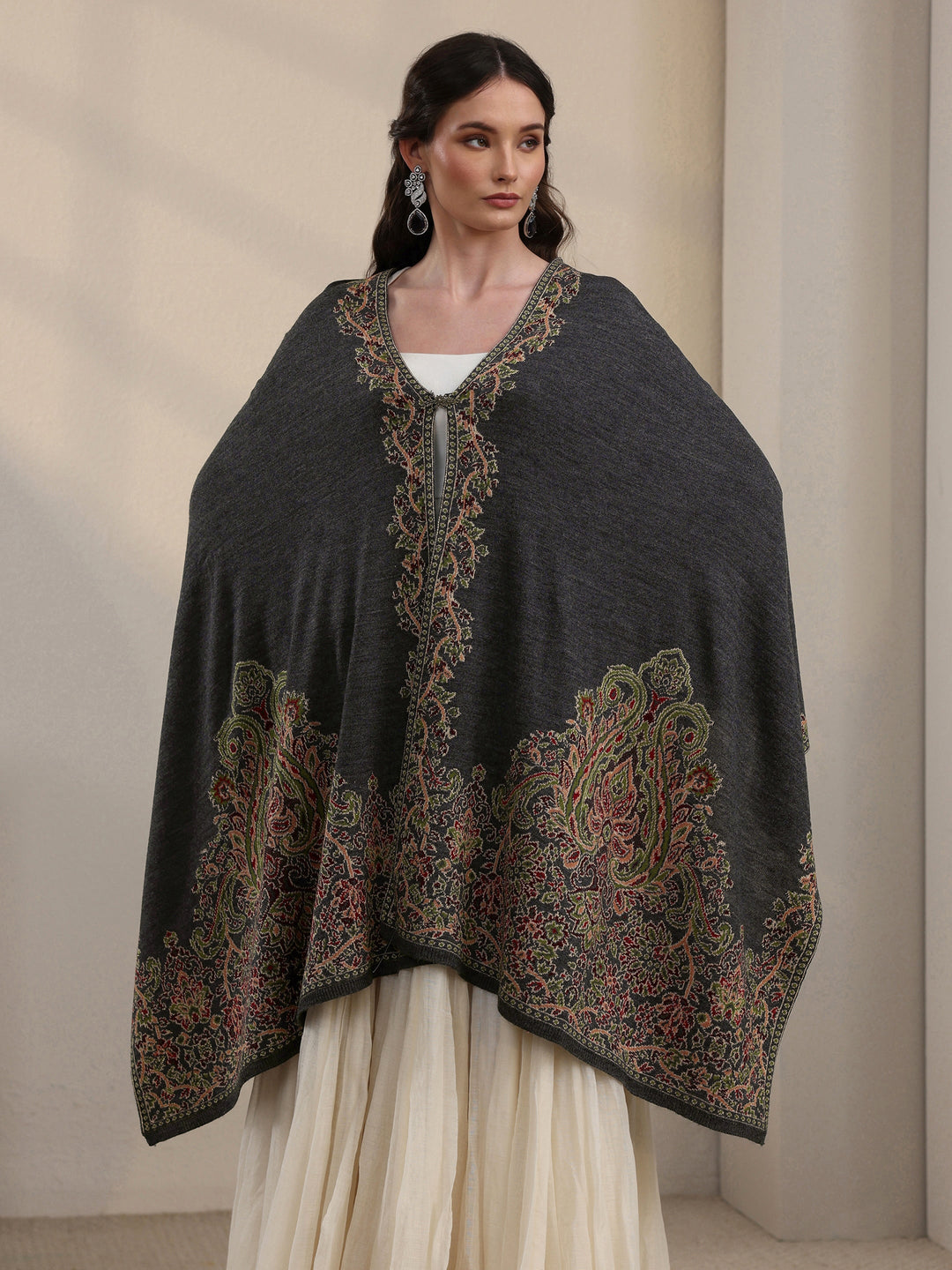 Libas Dark Grey Ethnic Knitted Acrylic Wrap Shawl