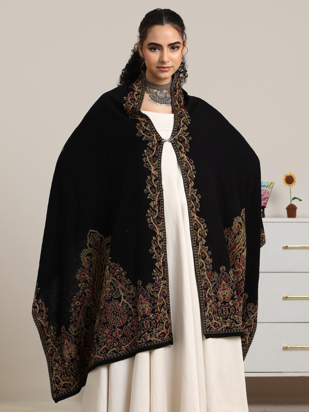 Libas Black Floral Knitted Acrylic Wrap Shawl