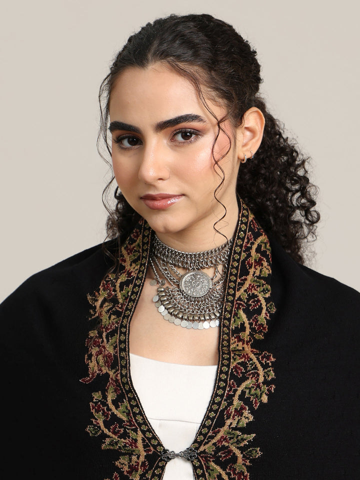 Libas Black Floral Knitted Acrylic Wrap Shawl
