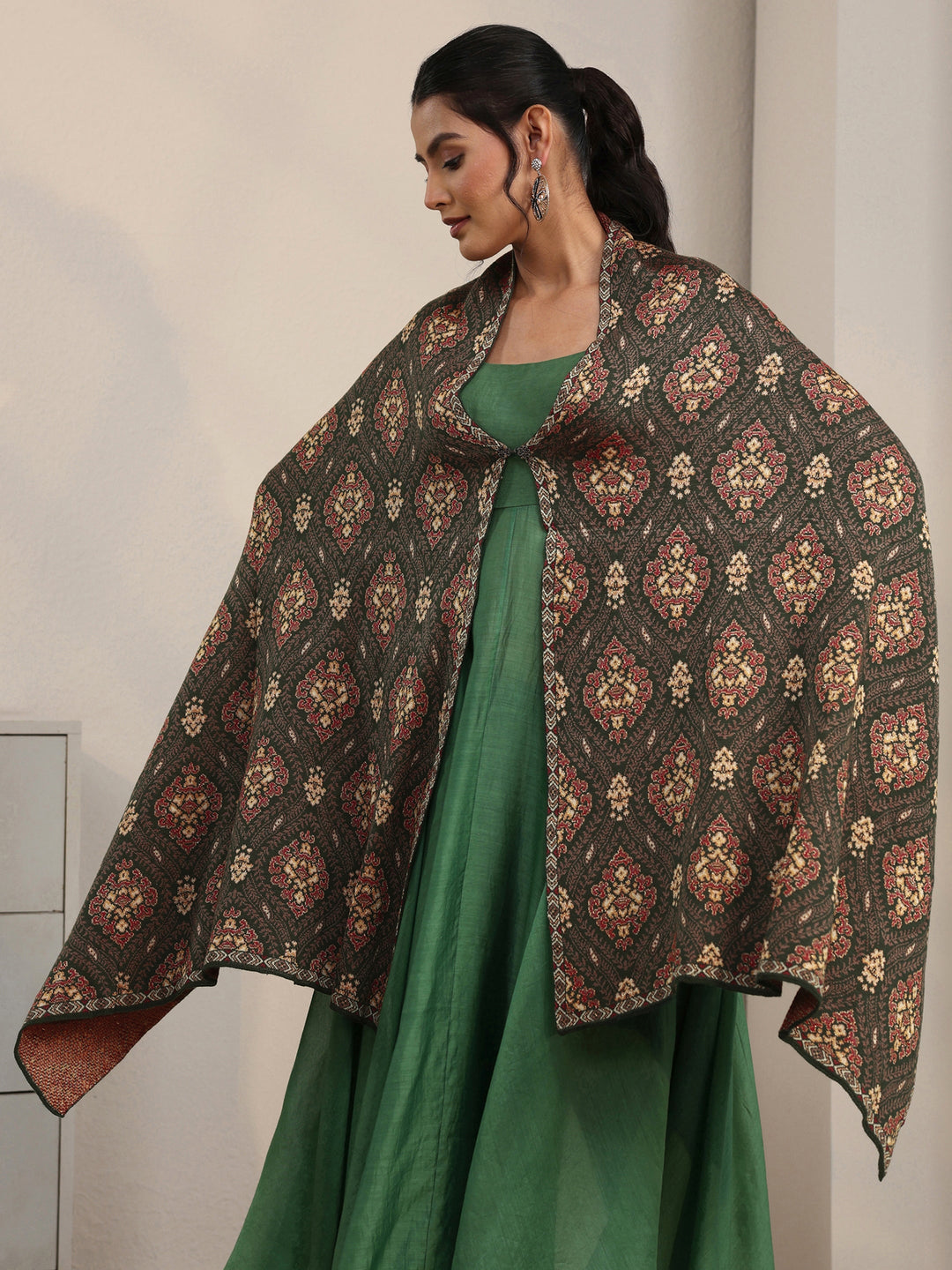 Libas Olive Green Ethnic Knitted Acrylic Wrap Shawl