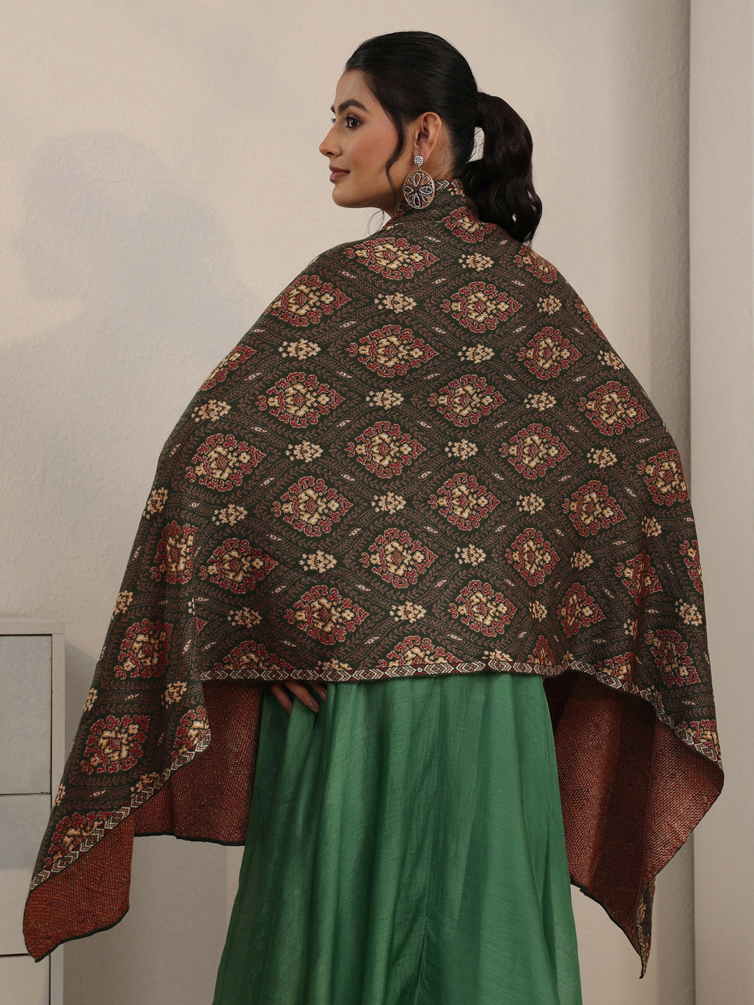 Libas Olive Green Ethnic Knitted Acrylic Wrap Shawl