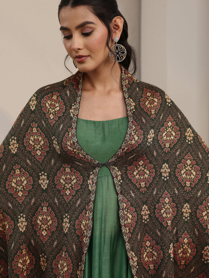 Libas Olive Green Ethnic Knitted Acrylic Wrap Shawl