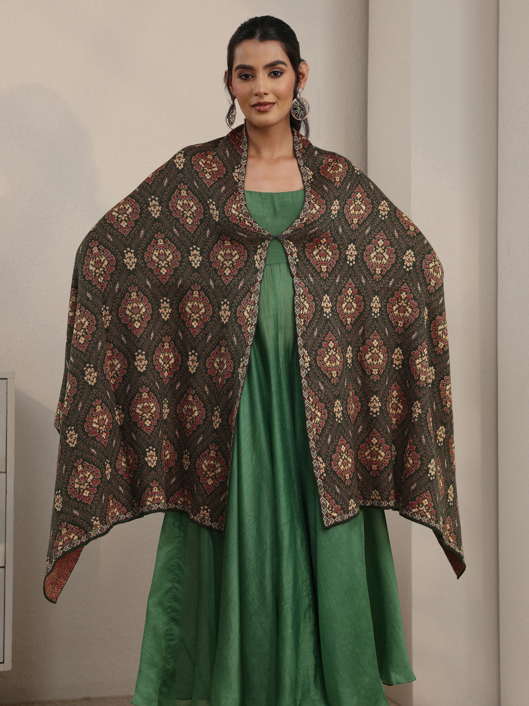 Libas Olive Green Ethnic Knitted Acrylic Wrap Shawl