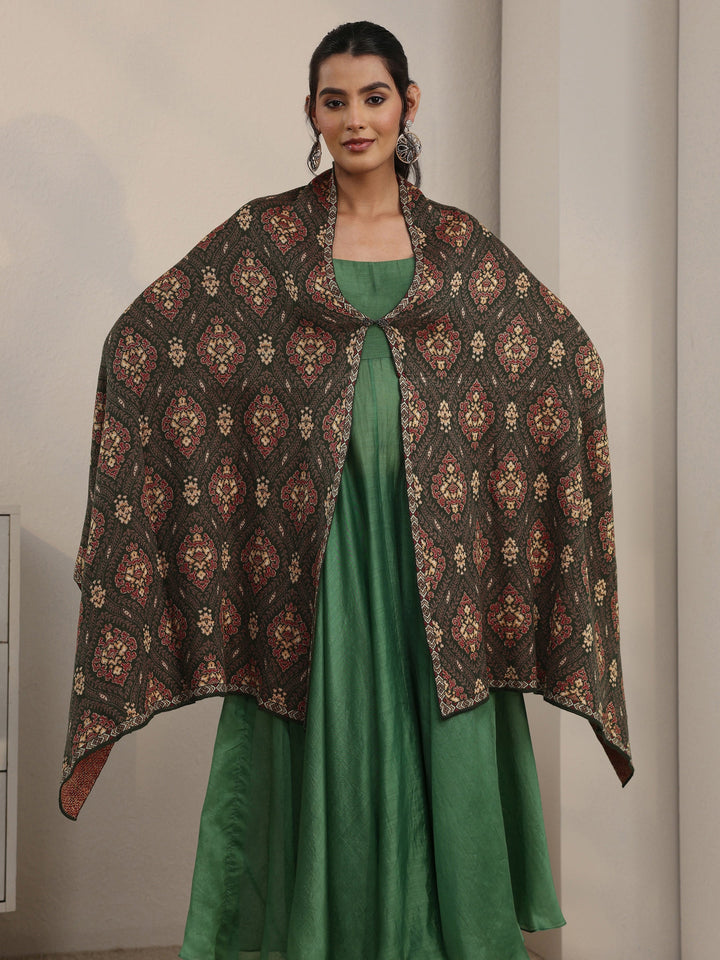 Libas Olive Green Ethnic Knitted Acrylic Wrap Shawl