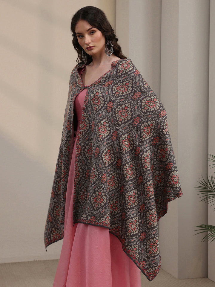 Libas Grey Ethnic Knitted Acrylic Wrap Shawl