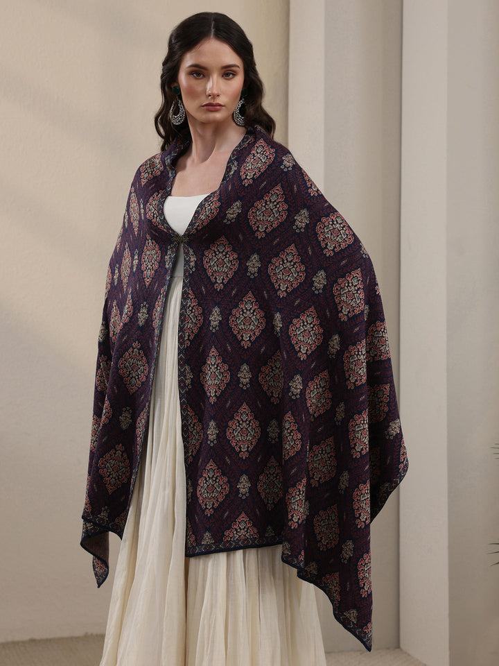 Libas Blue Ethnic Knitted Acrylic Wrap Shawl