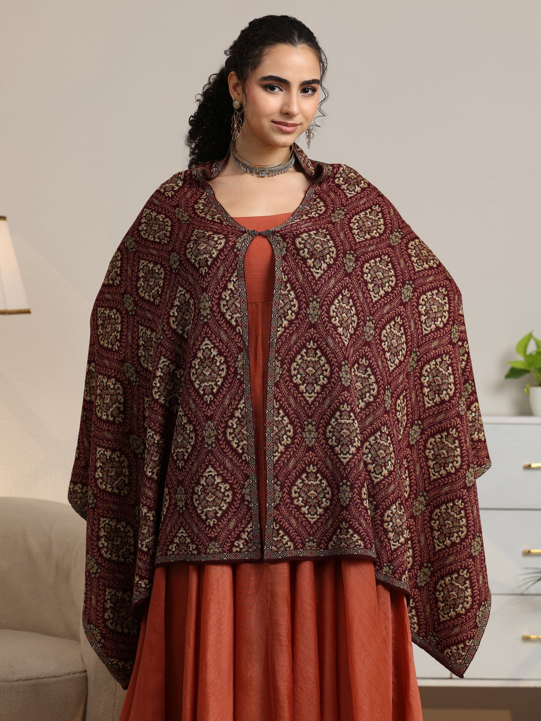 Libas Maroon Ethnic Knitted Acrylic Wrap Shawl