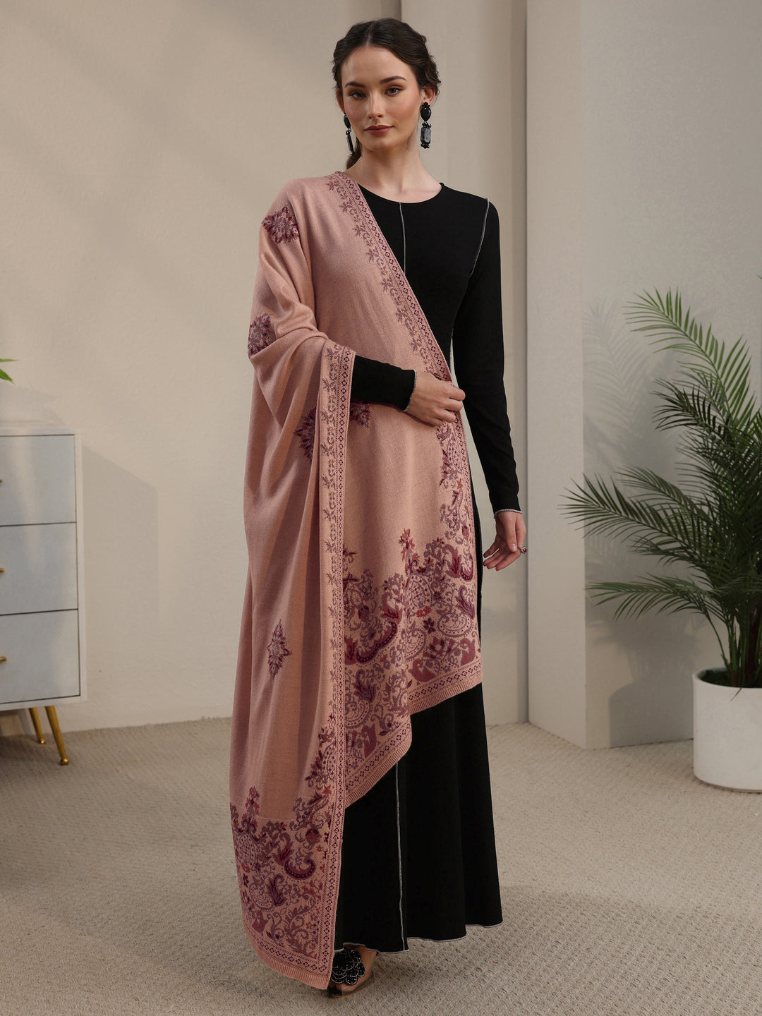 Libas Beige Ethnic Knitted Acrylic Shawl