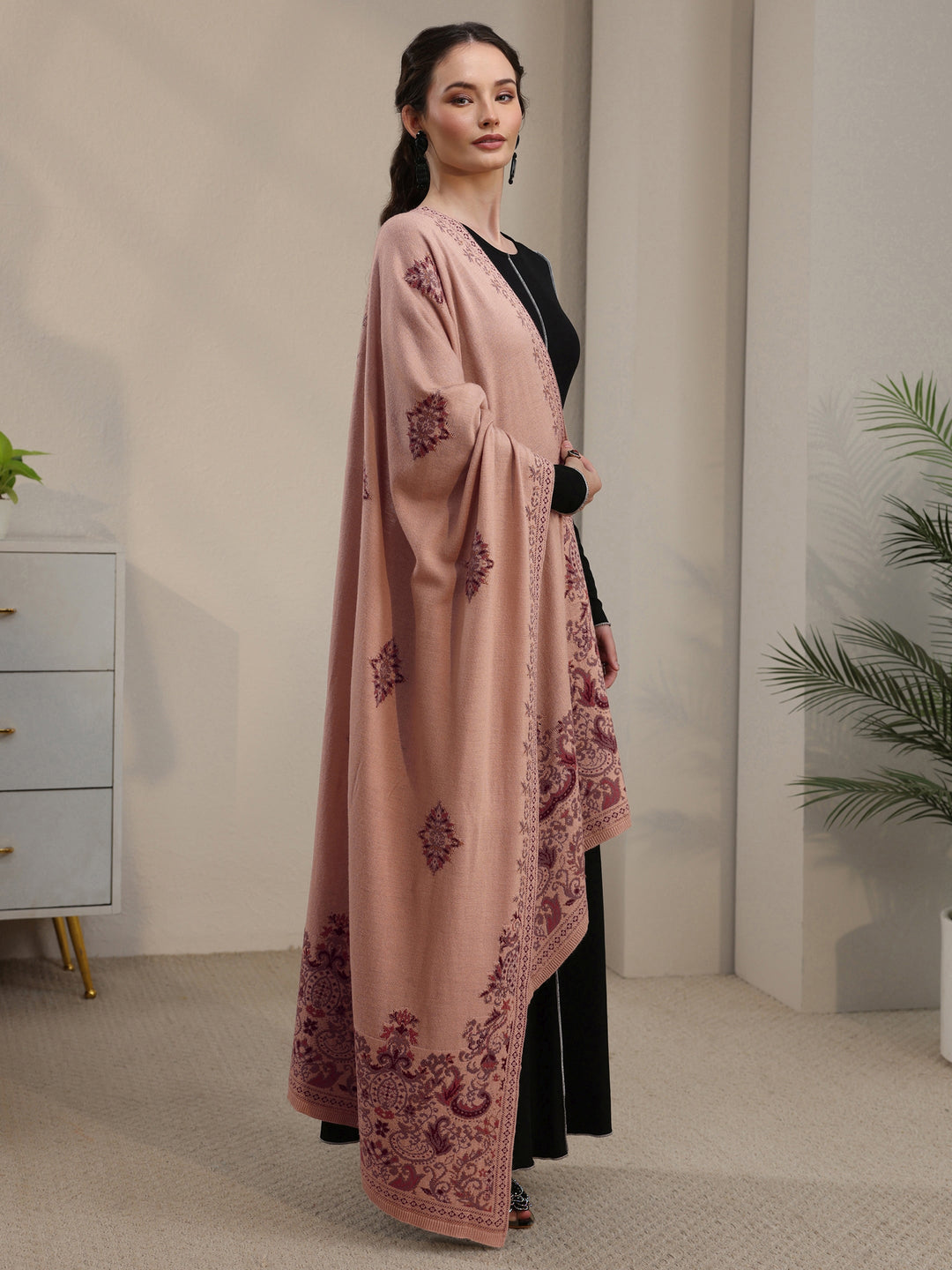 Libas Beige Ethnic Knitted Acrylic Shawl
